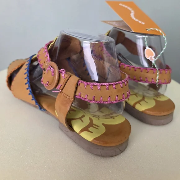 NWT Farm Rio Caramel Tan Whipstitch Fisherman Sandals Palm Tree Adjustable Strap - Picture 11 of 17